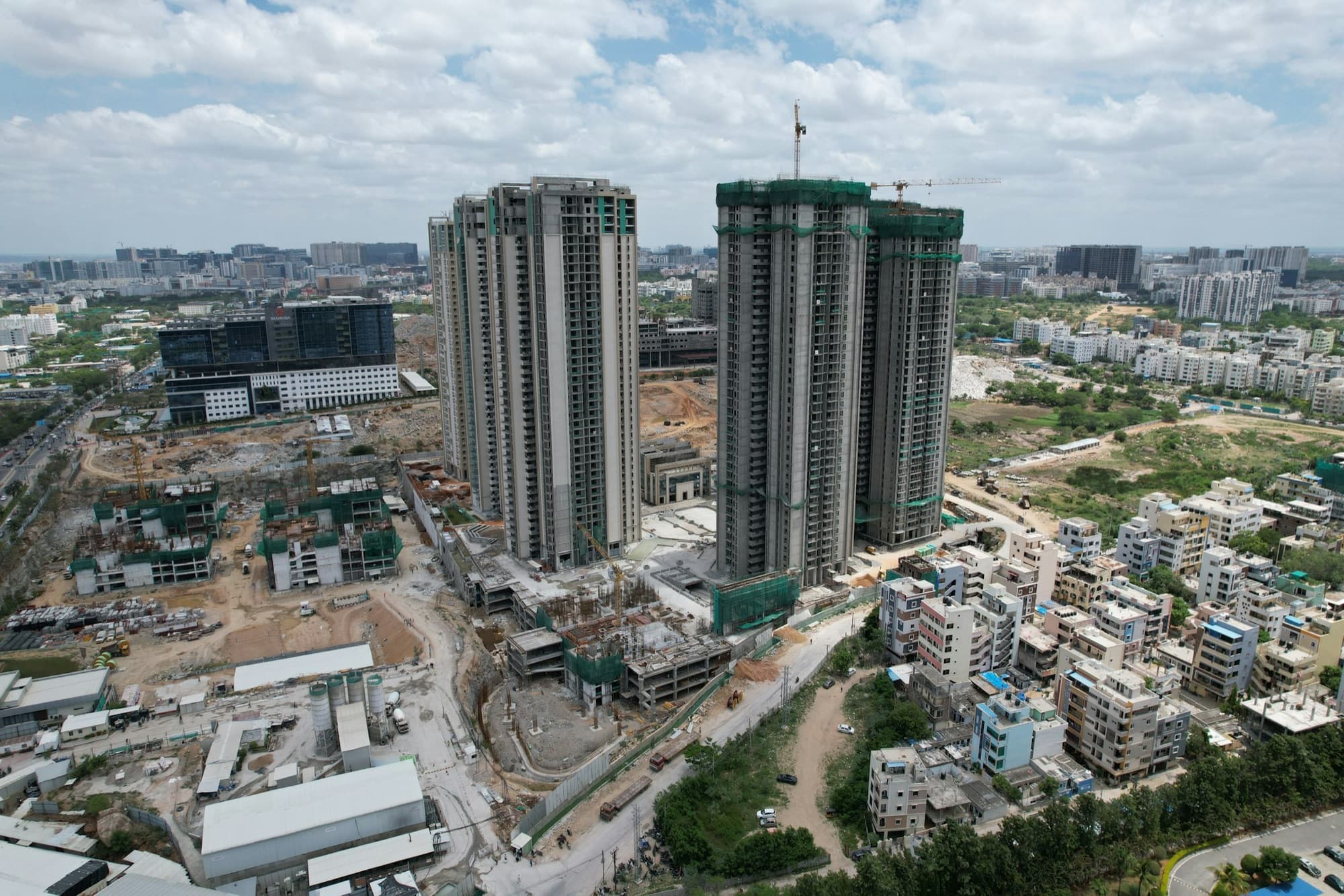 An active urban construction project viewed from above in Hyderabad