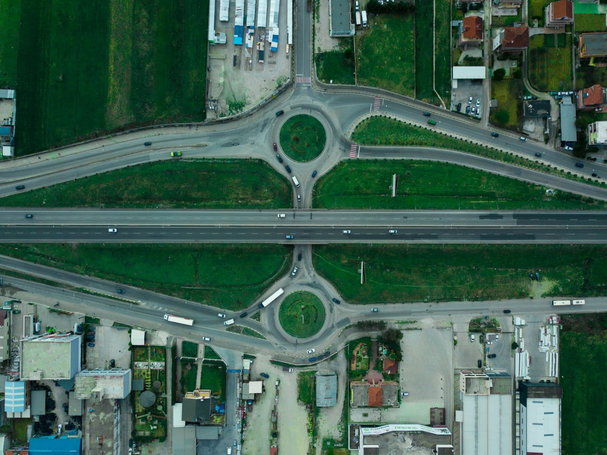 A road network seen from directly above, connecting multiple directions